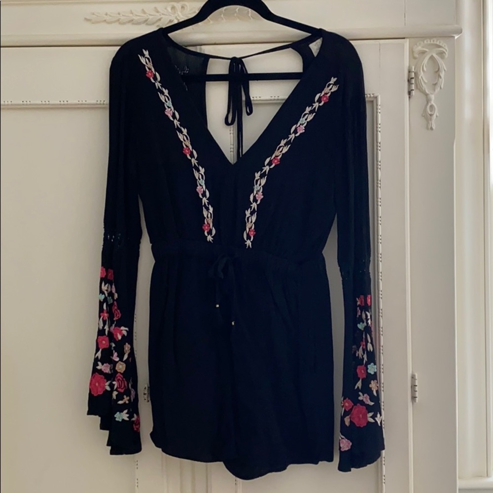 Black Flower Embroidery Romper